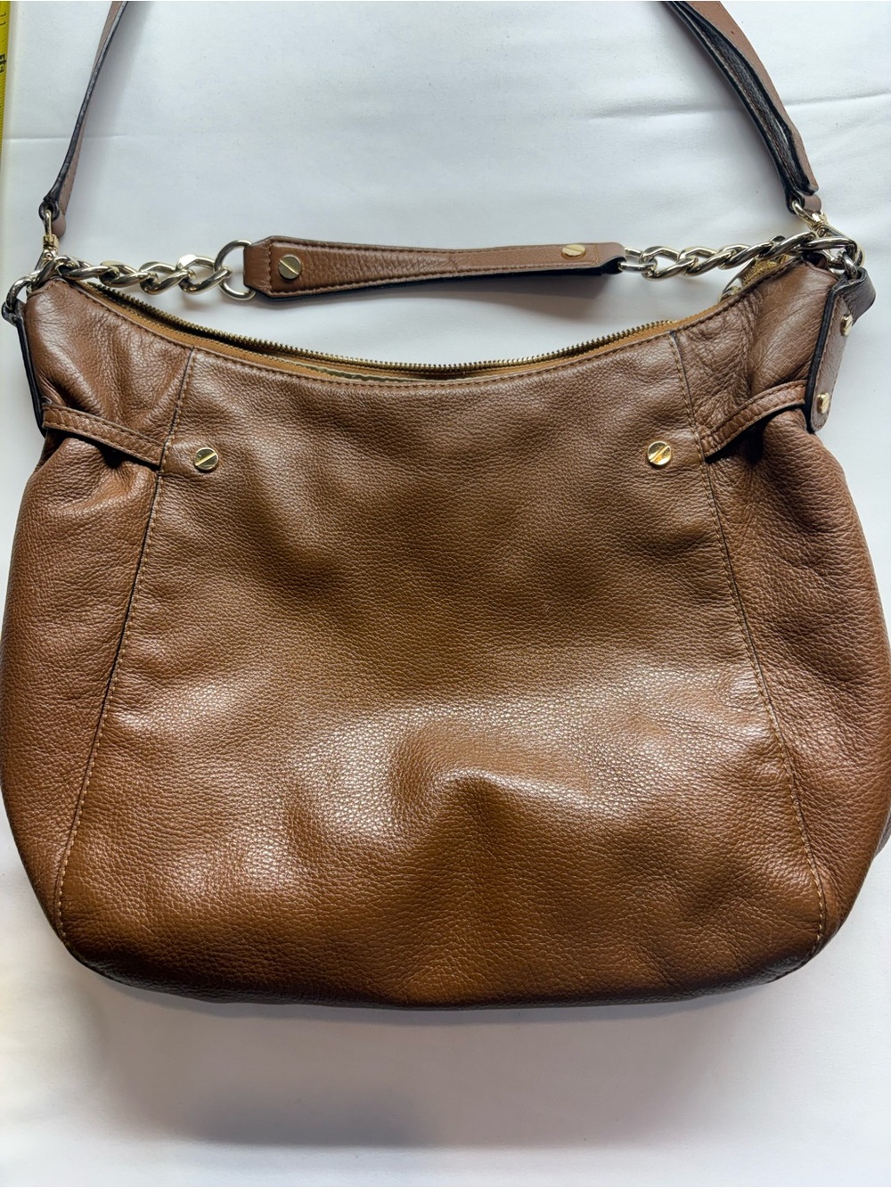 Michael Kors Cognac Pebbled Leather Shoulder Bag with Gold Chain Accent